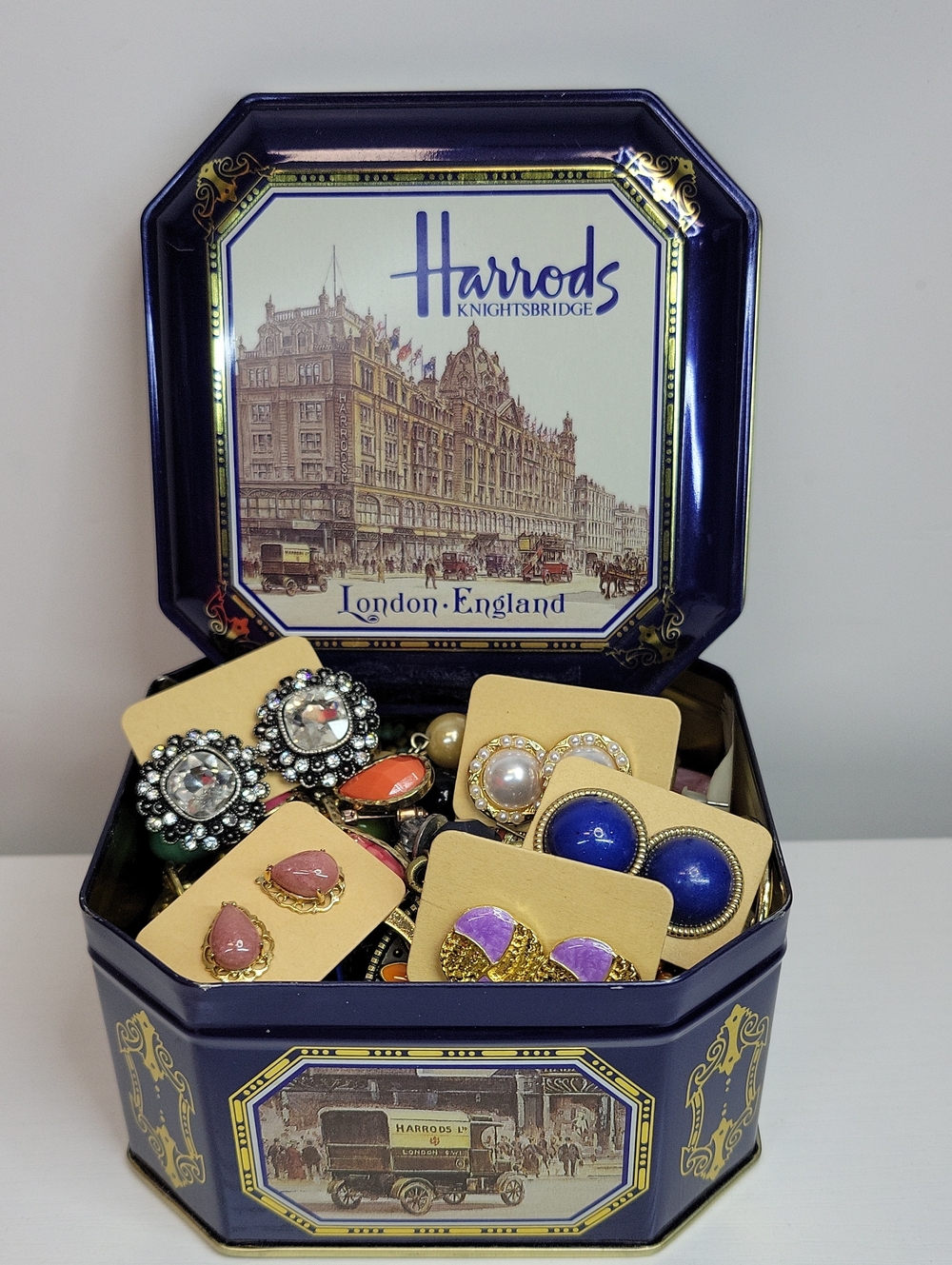 Vintage Harrods Blue Decorative Tin with Assorted Earrings